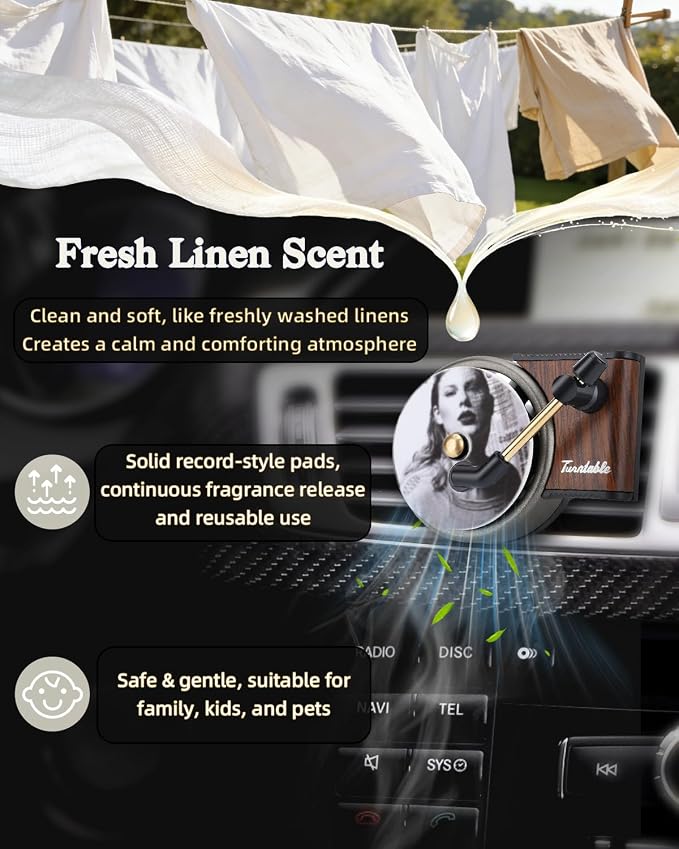 Record Player Car Air Freshener Vent Clip, 12PCS Vintage Album Style Refill Pads, Air Freshener Car Decor Accessories, Fresh Linen Scent Air Fresheners for Car, Music Lovers Gifts