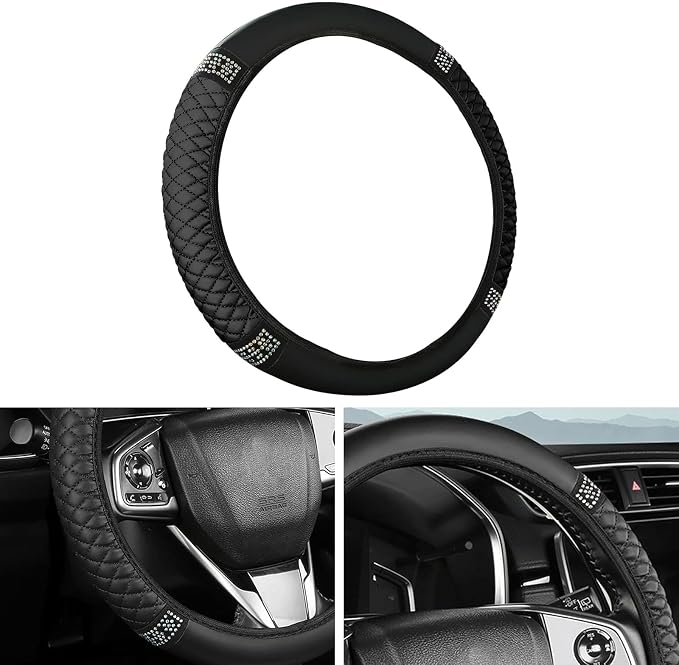 Bling Car Steering Wheel Cover, 15 Inch Rhinestones Soft Leather Elastic Steering Wheel Protector, Sparkly Crystal Diamond for Women, Car Interior Accessories for Most Cars (Black)