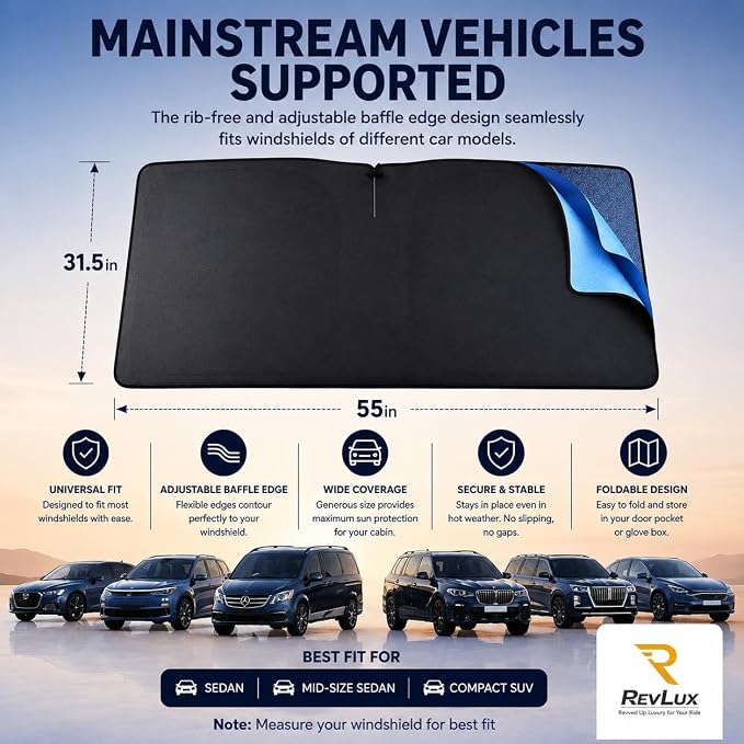 [2026 Upgrade] RevLux Car Windshield Sun Shade | Keeps Car Cool, Sun & Heat Protection | Double Thickened Ice-Core Cooling Fabric | Zero Light Leakage | Foldable Sunshade (Standard - 55"x31")