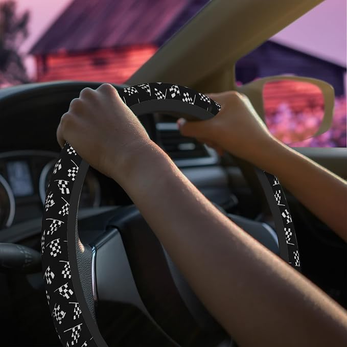 Racing Flag Steering Wheel Cover for Women Men Neoprene Breathable Black and White Checkered Flag Wheel Cover Protector Anti-Slip Car Accessories Universal 15 Inch Fit for Cars Trucks Vehicles