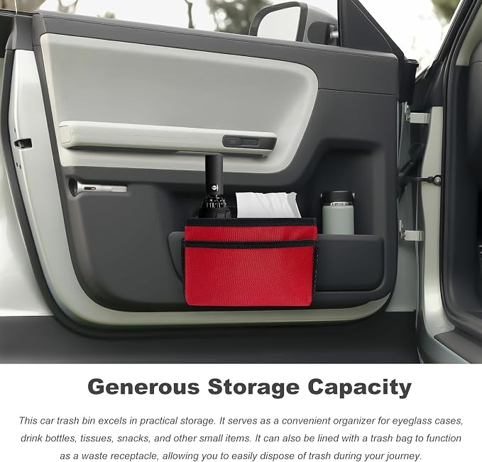 Car Trash Can, Foldable Multi-Pocket Design Auto Hanging Storage Container with Garbage Bags, Multifunctional Mini Oxford Storage Bag Garbage Holder for Cars SUVs Trucks (Red)