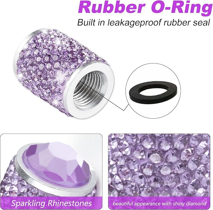Car Wheel Tire Valve Caps, 4 PCS Bling Tire Valve Caps, Crystal Tire Caps Shinny Rhinestone for Women, Universal Car Dustproof Tire Valve Caps for Cars, Trucks, SUV and Motorcycles (Purple)