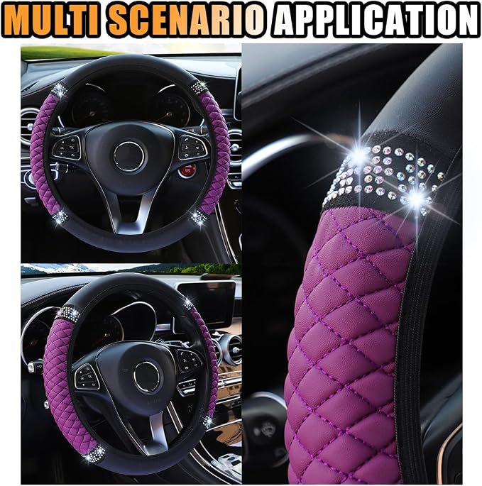 15 Inch Bling Soft Leather Car Steering Wheel Cover, Purple | Colorful Rhinestones Design, Auto Elastic Protector for Women Girls, Crystal Diamond Car Accessories for Most Cars, SUVs