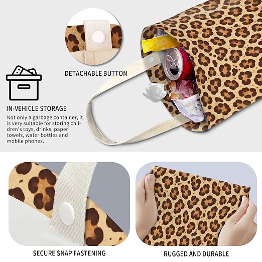 Cute Car Trash Can, Hanging Canvas Car Back Seat Organizer and Storage Bag, Funny Car Trash Bag for Travelling, Outdoor Cute Brown Leopard