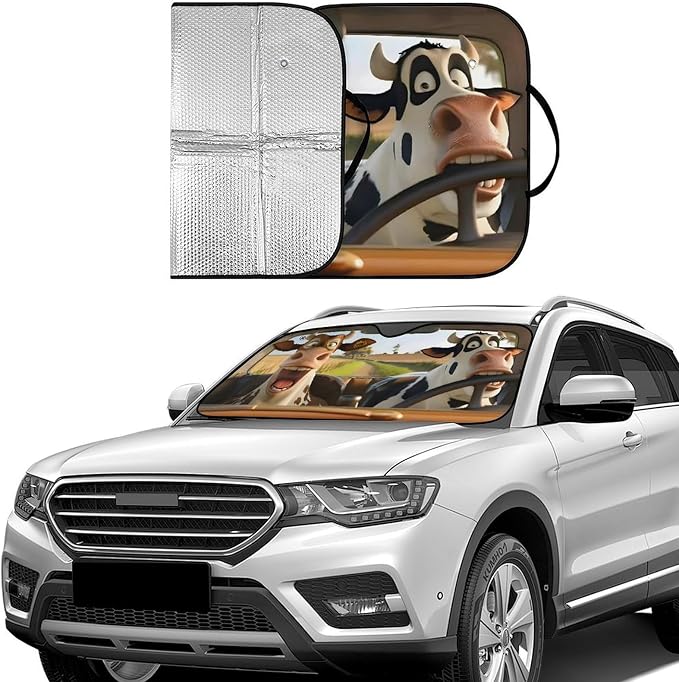 Funny Cows Foldable Windshield Snow Cover, Reflective Accordion Car Windshield Snow Cover, Sun Visor for Car Windshield, Ultimate Heat & UV Protection, Suitable for Most Cars, 57.1" L x 27.6" W