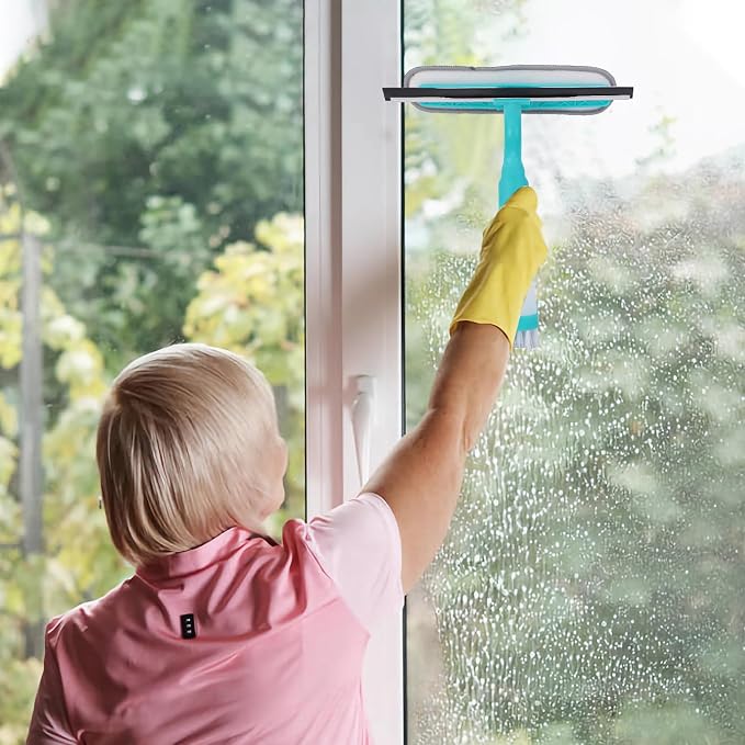 4 in 1 Window Cleaner Tool with Squeegee & Sprayer, 10" Streak-Free Scraper Kit with Microfiber Washer Head, Portable Multifunction Refillable Bottle for Glass/Shower/Car