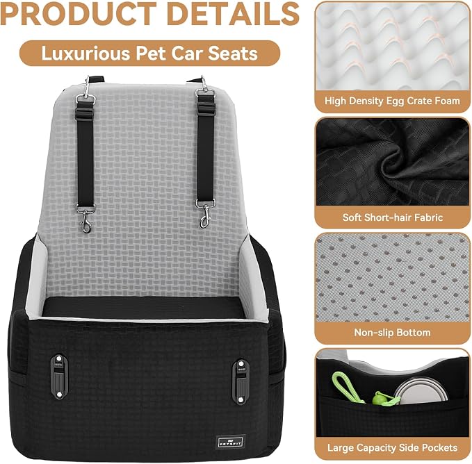 Dog Car Seat for Small/Medium Dogs Up to 35 lbs – Patented Safety System, 5" Memory Foam Pet Booster Car Seat, Fully Detachable and Washable Dog Carseat with 2 Storage Pockets (Black & Grey)