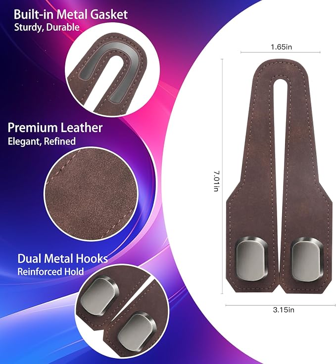 4Pcs Car Headrest Hooks with Premium Leather, Upgraded Double Metal Hooks with Anti-Drop Design, Universal Back Seat Hanger for Bags, Coats, Purses and Groceries (Stylish Brown)