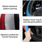 Leather Patchwork Black Blue Steering Wheel Cover, 14.5-15 Inch Non-Slip Breathable Microfiber Car Steering Wheel Protector