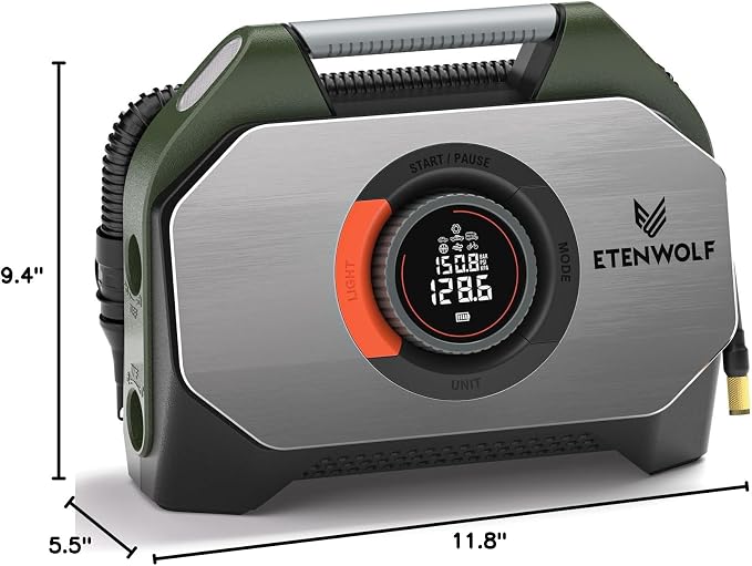 Vortex S7 Tire Inflator for Heavy-Duty Vehicle, Portable Air Compressor for Car Tires with 160PSI & 38400 mAh Battery, Cordless Air Pump with 100% Duty Cycle & Dual Cylinder (Olive Green)