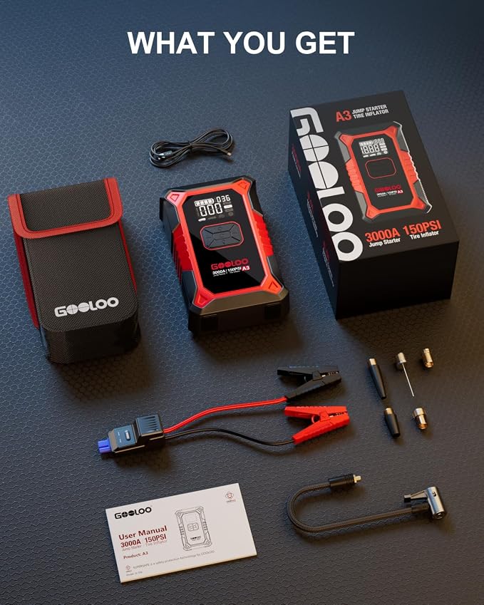 A3 Jump Starter with Air Compressor, 3000A Portable Car Battery Booster (9.0 Gas/6.5L Diesel) with 150PSI Auto-Shutoff Tire Inflator, 12V Supersafe Lithium Jump Box Car Battery Jumper Starter