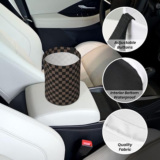Car Trash Can Set with 2 Cup Coasters, Chessboard Brown Waterproof Hanging | 3-in-1 Set: Hanging Car Trash Bag + 2 Cup Coasters. Chessboard Brown, Waterproof & Leakproof, Universal Fit