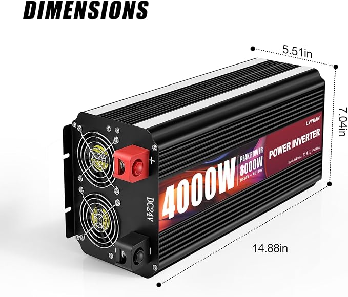 4000 Watt Power Inverter 24V to 110V 120V for Vehicle, Solar Inverter System, Heavy Duty, RV, Truck, Off Grid,Camping with 4 AC Outlets, LCD Display, Wireless Remote Control, Car Power Inverter
