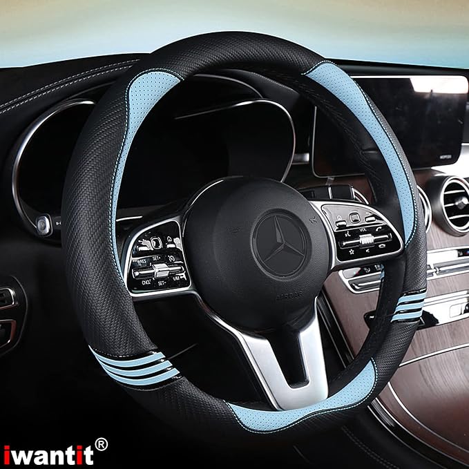 Cute Steering Wheel Cover for Women, Carbon Fiber&Breathable Pu Leather with Anti-Slip Rubber Ring, Steering Wheel Protector for Men, Universal Fit 14.5-15 inches for Cars,SUV (Cool Blue)
