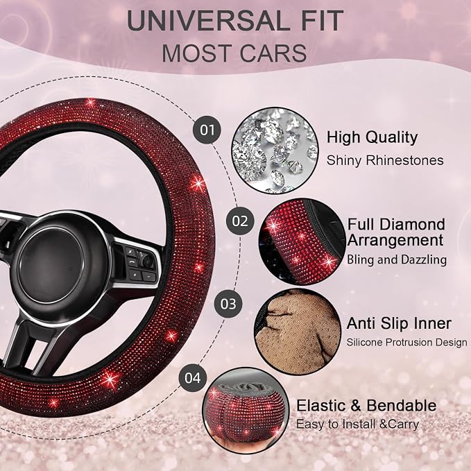 12 Pcs Bling Car Accessories Set for Women Car Floor Mats Full Set Steering Wheel Cover Seat Belt Covers Coasters Universal Fit Car SUV Truck Van Red