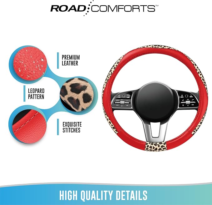 Steering Wheel Cover - Made with PVC Leather and Leopard Fabric - Universal 14 1/2 inches to 15 inches for Most Automotive Steering Wheel - Cheetah Print -Red