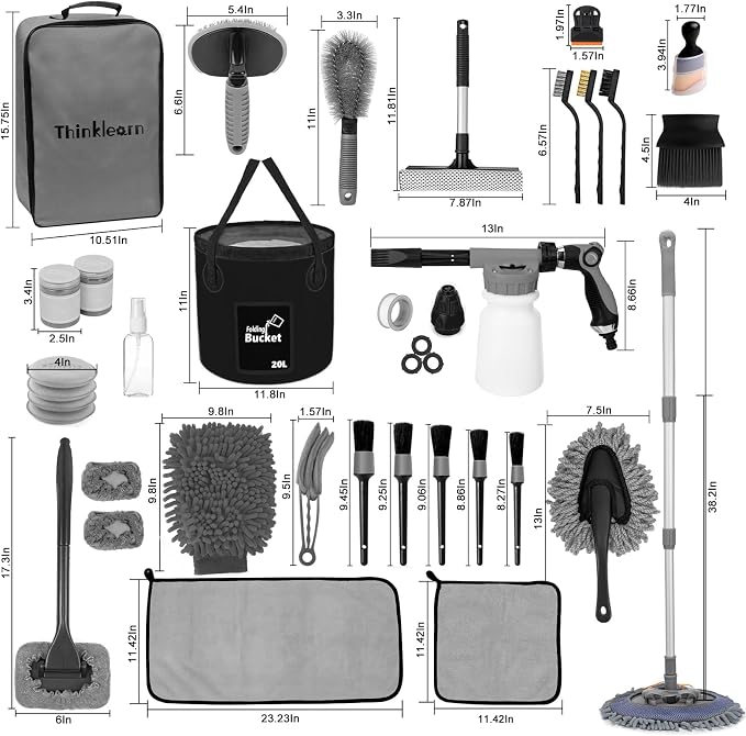 Car Wash Detailing Kit with Foam Gun, Car Cleaning Kit Set,Car Wash Brush with Long Handle, Large Folding Bucket for Interior Exterior Car Wash Supplies, Car Gift Set Gray