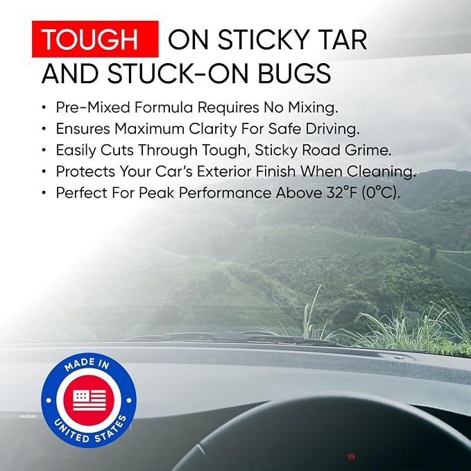 Windshield Washer Fluid Ready to Use Formula - 1 Gallon, Pre-Mixed, Streak-Free Cleanliness, 2-In-1 Removes Bugs & Tar