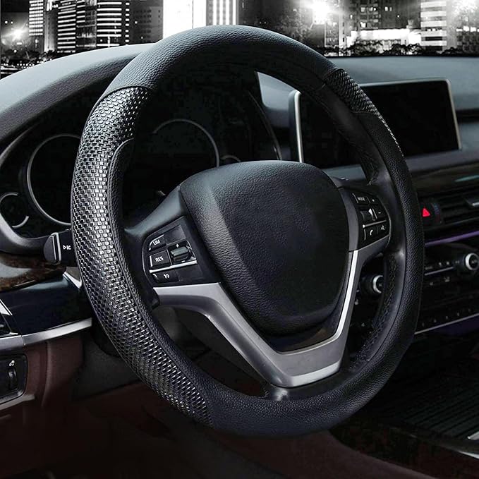 Steering Wheel Cover with Microfiber Leather for Car Truck SUV 15 inch (Black)