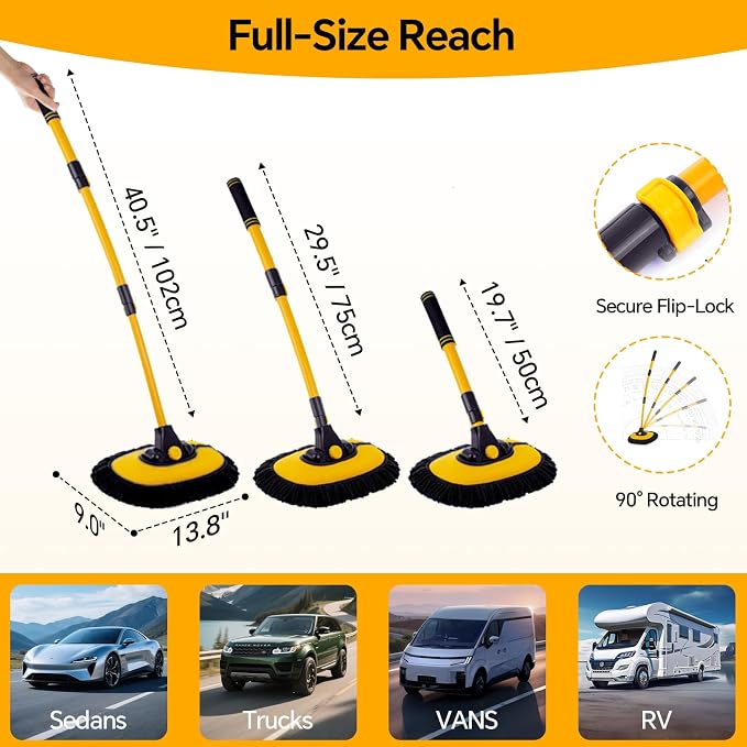 7-in-1 Car Wash Kit with 20L Folding Bucket & Brush – Car Wash Mop with Long Handle, 15° Curved Aluminum Pole for SUV Roof, Car Washing Brushes & Cleaning Supplies, RVs-Yellow.