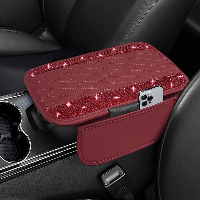 Bling Burgundy Red Car Center Console Cover, Leather Car Arm Rest Cover with 2 Storage Bags, Universal Auto Armrest Protector Storage Box, Bling Accessories Interior for Most Vehicles