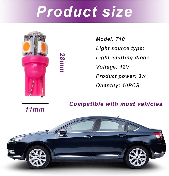 10 PCS Car Interior LED Light Bulb, T10 5050 5SMD LED Car Bulb Kit, Super Bright Automotive Led Replacement Bulbs for Dashboard Dome Map Door Courtesy License Plate Lights (Purple)