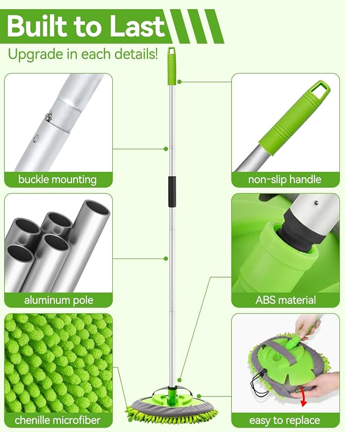 62’’ Car Wash Brush Kit with 2 Replacement Head Covers, Microfiber Car Washing Kit with Long Handle, Car Wash Mop for Cars RV Truck Exterior