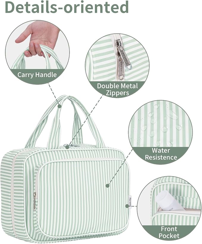 Striped Travel Toiletry Bag for Women Large Hanging Makeup Bag Organizer Toiletries Bag for Full Size Essentials Accessories Cosmetics (Mint Green Stripe (Large))