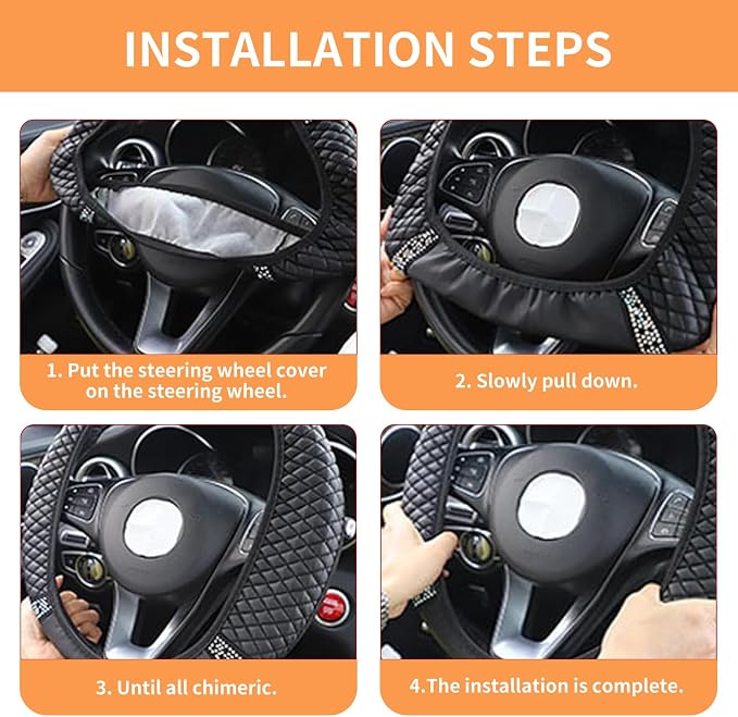 Bling Car Steering Wheel Cover, 15 Inch Rhinestones Soft Leather Elastic Steering Wheel Protector, Sparkly Crystal Diamond for Women, Car Interior Accessories for Most Cars (Orange)