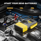 Portable Car Jump Starter with Air Compressor Tire Inflator Battery Jumper | Jump Box 3000A Peak and 150 PSI Air Pump,for 12L Gas & 10L Diesel Engines,LCD Display,LED Light