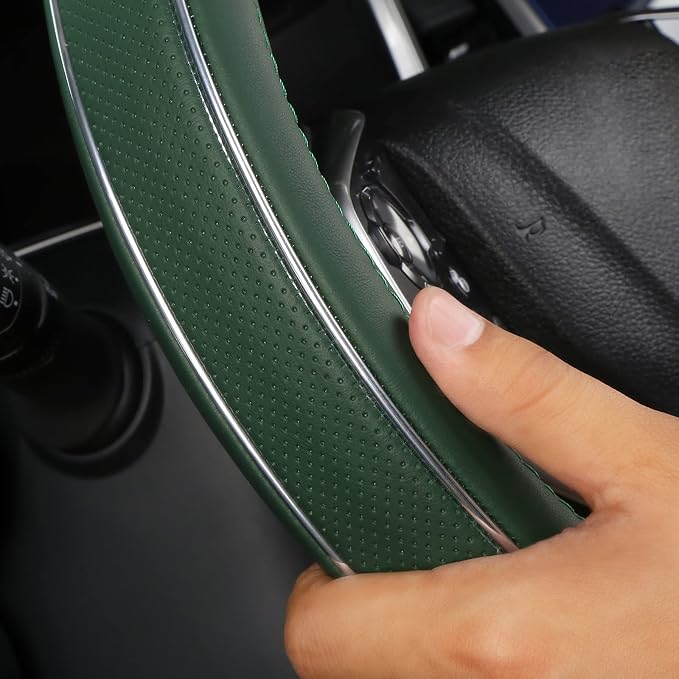 Green Leather Steering Wheel Cover Fiber Strip Car Steering Wheel Cover Universal 15 inch