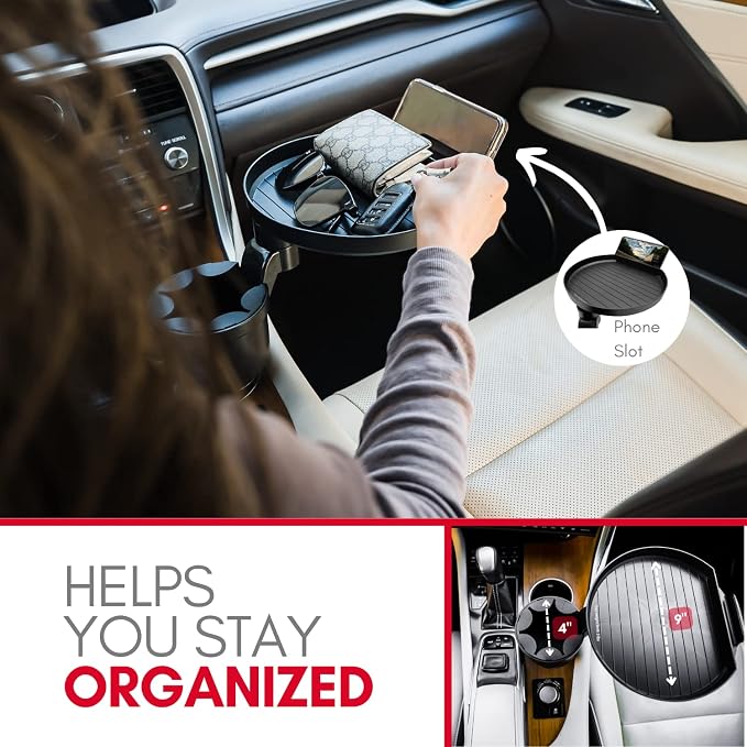 Car Cup Holder Tray and Cup Holder Expander with Phone Slot - Enjoy Your Meal - 9" Car Food Tray Table and Drink Holder for Yeti, Hydroflask, etc.