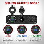 4 in 1 Charger Socket Panel Dual QC3.0 USB with LED Voltmeter Display and Cigarette Lighter Power Cutoff Switch for CarsTrucks UTV ATV