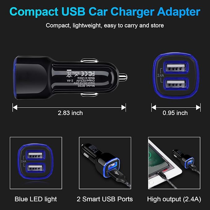 6Pack Fast Charge Dual Port Lighter Plug USB Adapter, 12 Volt USB Outlet for iPhone 15 14 13 12 11 Pro Max 10 SE XR XS X 8 7 Plus 6, iPad, Samsung Galaxy S23 S22 S21 S20 S10 S9