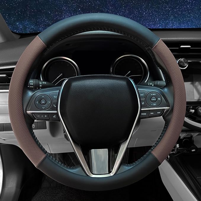 Steering Wheel Cover Standard Size 14.5-15 inch, Non-Slip Car Wheel Cover Protector, Non-Folding Packaging, Microfiber Leather, Black and Chocolate Brown