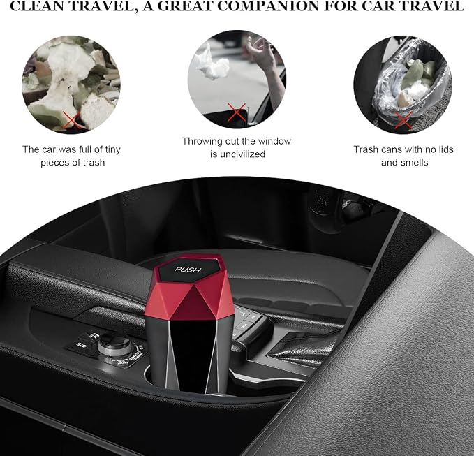 Car Trash Can with Lid, Diamond Design Leakproof Vehicle Cup Holder Garbage Can, Waterproof Trash Bin Mini Portable Garbage Organizer for Cars Homes Offices Bedrooms (Red)