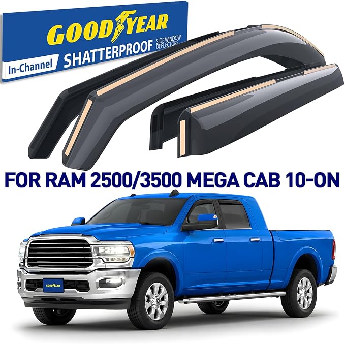 Goodyear Shatterproof in-Channel Window Deflectors for Dodge Ram 2500/3500 2010-2026 Mega Cab, Rain Guards, Window Visors for Cars, Vent Deflector, Car Accessories, 4 pcs - GY007728