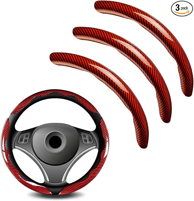 3pcs Universal Carbon Fiber Steering Wheel Cover - Anti-Slip & Segmented Design, Universal 99% Durable Steering Wheel Protector for Men and Women, Car Interior Accessory (Red)