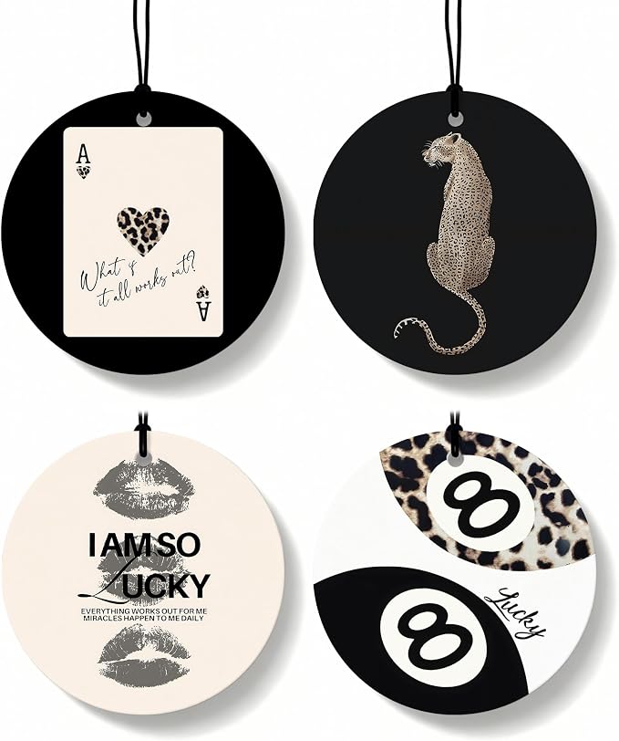 Leopard Print Orange Car Air Freshener 4 Pcs, Inspirational Cheetah Lips Lucky 8 Ball Round Hanging Air Freshener for Cars Closet Drawer Books, Girly Y2k Car Accessories Mirror Decor for Women