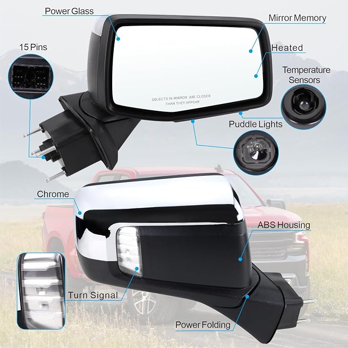 Right Passenger Side Mirror Compatible With 2019-2025 Chevy Silverado 1500 With Power Folding Heated Turn Signal Puddle Lights Mirror Memory Temperature Sensor Chrome Replace#84309684(15Pins)