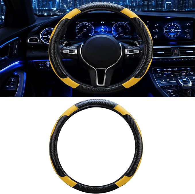 Car Steering Wheel Cover, 15 inch Carbon Fiber Microfiber Anti-Slip Breathable PU Leather Elastic Steering Wheel Protector, Car Interior Accessories for Most Cars (Yellow)