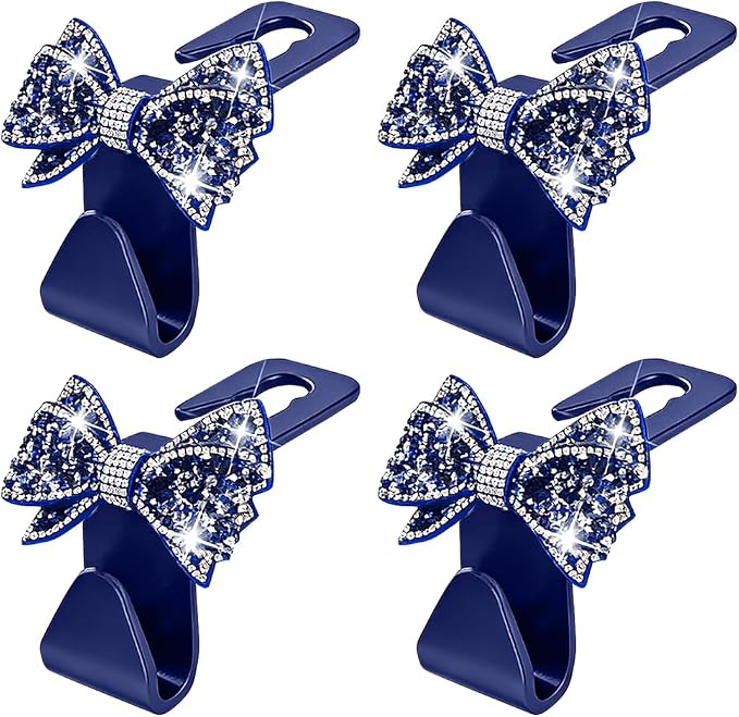 Zpana Bling Car Headreat Hook, 2PCS Crystal Rhinestone Cute Bow Vehicle Seat Back Hanger Storage for Purses Bags Grocery, Diamond Auto Rear Seat Organizer, Universal for SUV Truck Sedan (Blue)