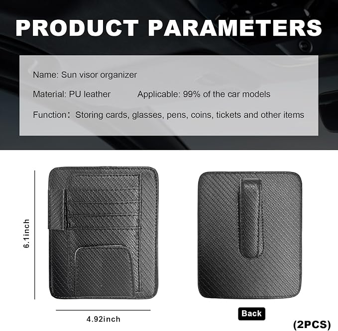 2PCS Small Leather Car Sun Visor Organizer, Multifunctional Auto Visor Document Holder with Sunglasses Clip, Universal Car Interior Organizer for Driving License, Card, Pen (Carbon Fiber Black)