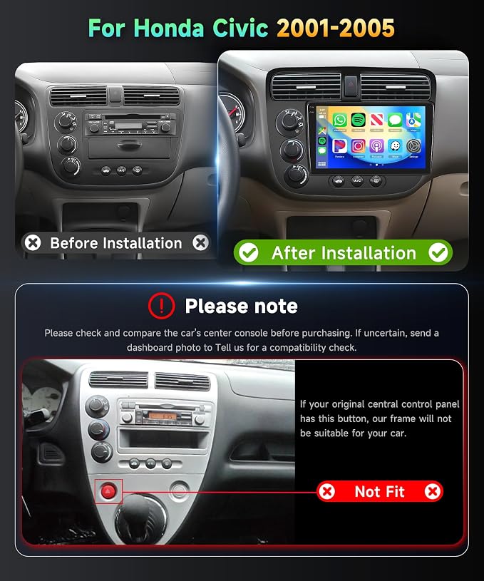 4G+128G Car Radio for Honda Civic 2001-2005 Stereo 9 inch in-Cell Touch Screen Wireless CarPlay/Android Auto Android 15 Bluetooth DSP FM/RDS GPS WiFi SWC AHD Backup Camera