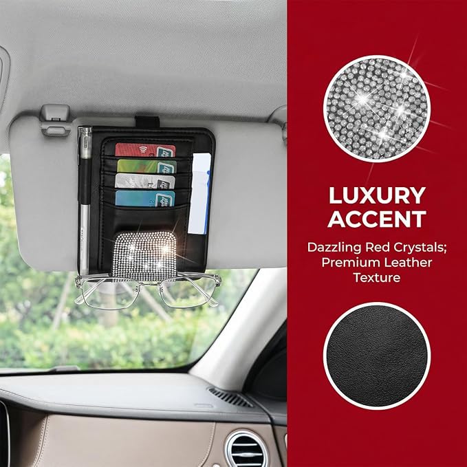 Bling Car Sun Visor Organizer, Multi Pocket Crystal Rhinestone Vehicle Sunshade Card Sleeve Storage Pouch with Pen Sunglass Holder, Auto Interior Visor Organizer Pouch, Universal Fit (Black)