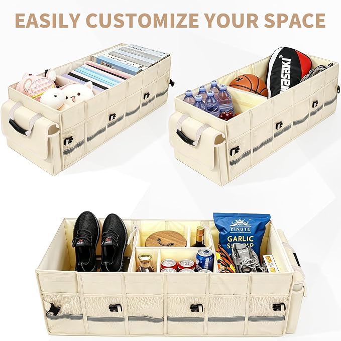 Car Trunk Organizer and Storage with Lid & Removable Cooler Bag, Car Accessories 6 Removable Dividers for Custom Space, Collapsible Trunk Organizers Interior for SUV & Sedan, Large