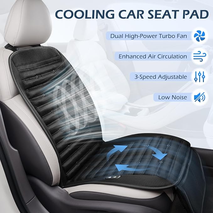 Cooling Car Seat Cushion with Dual Fans, 12V-24V Ventilated Front Seat Pad, Breathable Mesh Fabric, 3-Speed Adjustment, Enhanced Airflow, Universal Fit for Cars, Trucks, SUVs