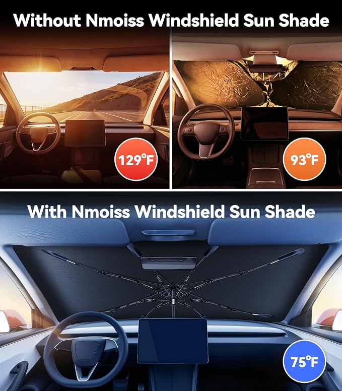 Windshield Sun Shade Umbrella for Tesla - [Vinyl Coating Heat Shield] Protect Car from Sun Rays & Heat Damage Keep Cool and Protect Interior, Spring Structure Edge