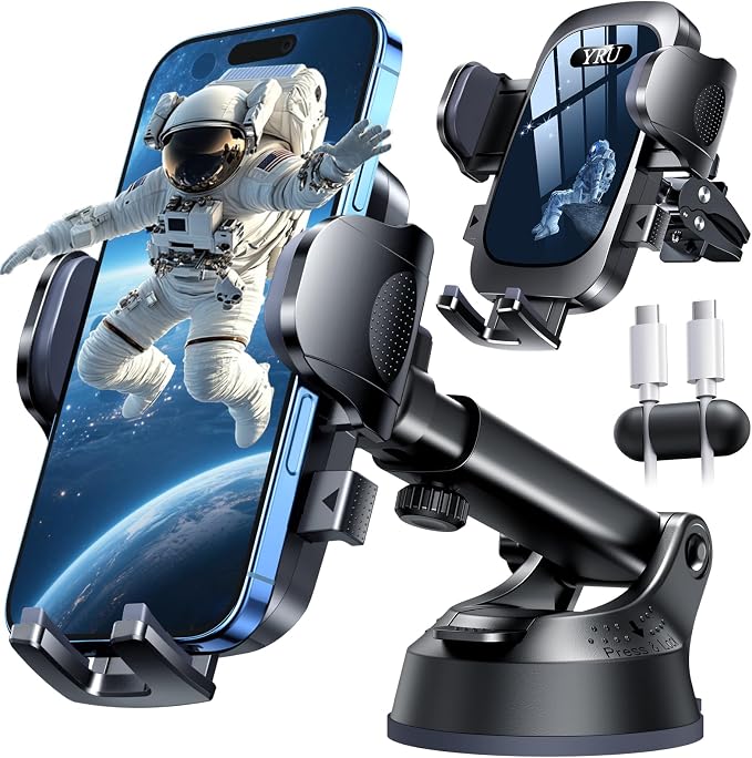 YRU [True Upgrade for Safety Car Phone Holder Mount [Patent & Military-Grade] Dashboard Cell Phone Holder for Car Vent Windshield Phone Stand for iPhone 17 16 15 14 Pro Max Truck Samsung, Black Blue