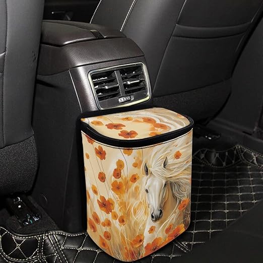 Horse Floral Print Car Trash Can with Lid, Leak Proof Auto Trash Bag Hanging Vehicle Garbage Can Multipurpose Storage Container for Back Seat Road Trip